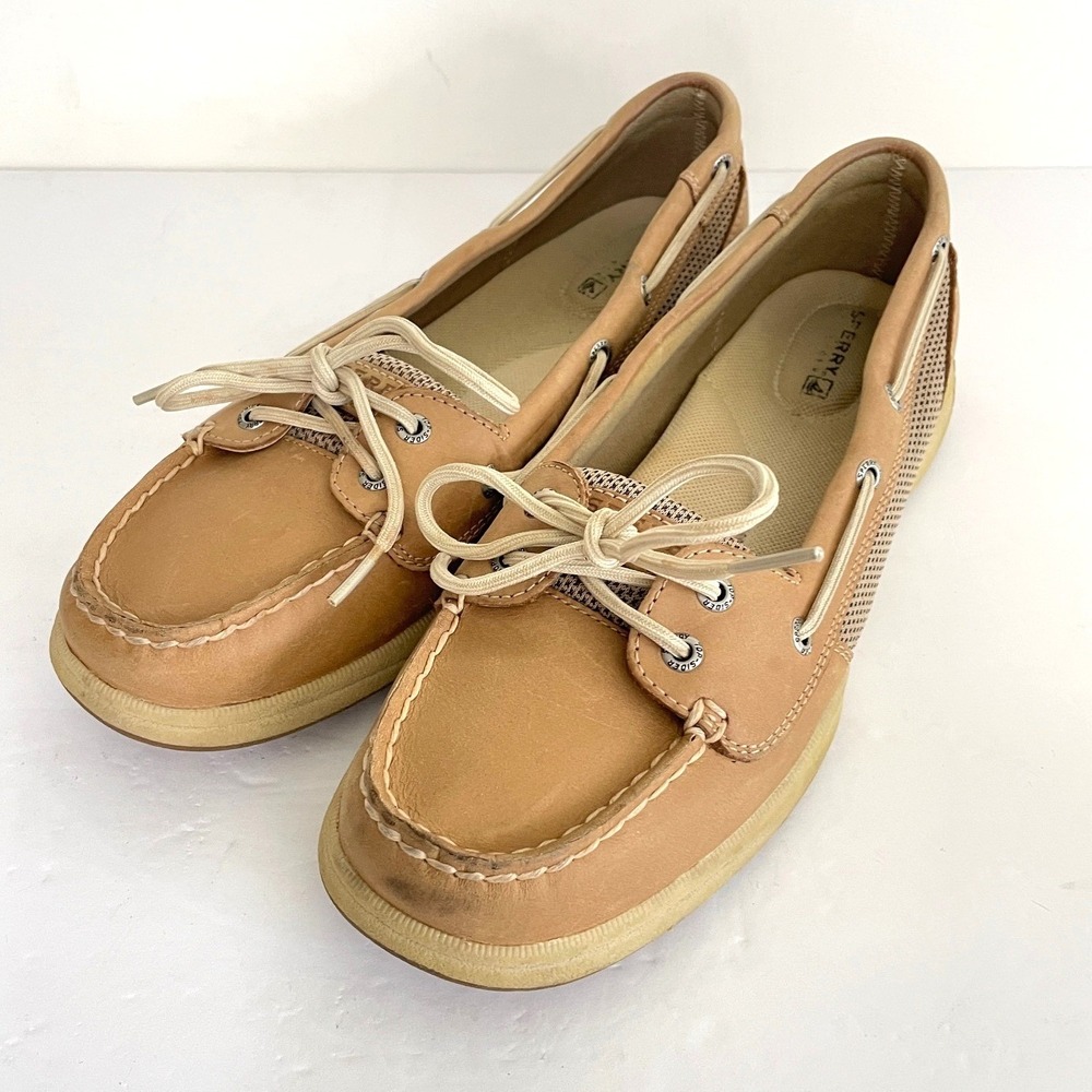Sperry Top-Sider Angelfish Womens 9.5M Tan Leather Mesh Boat Shoes 9773581 deck